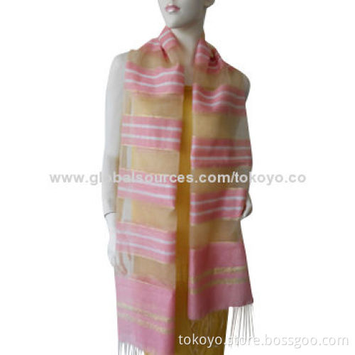 Silk scarf with stripe and metallic, upmarket, yarn dyed, measures 180*70cm overlocked edges